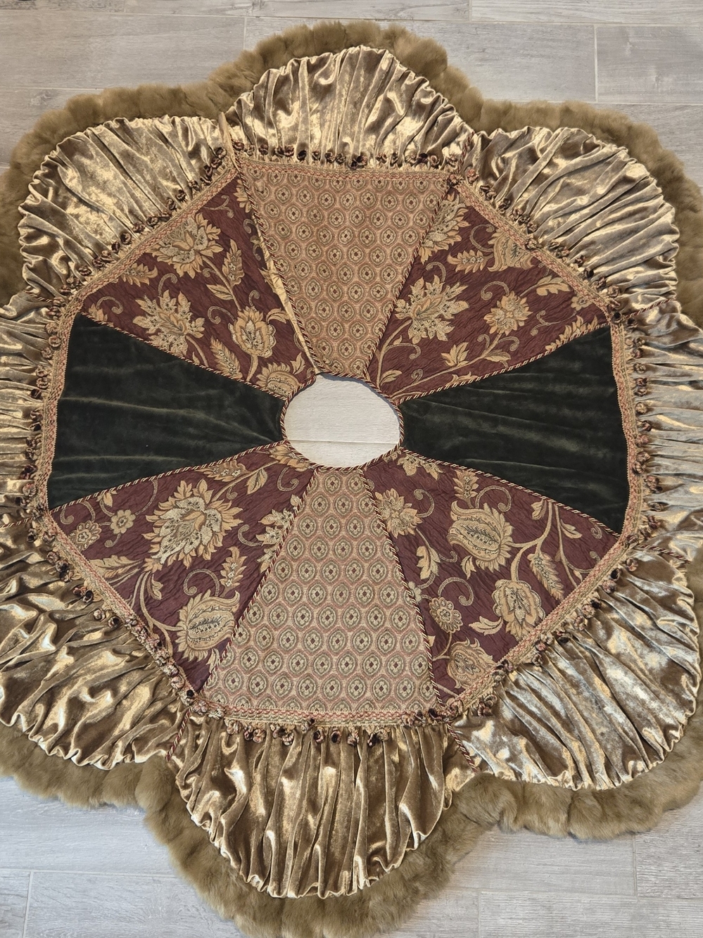 Serendipity Luxury Gold and Burgundy Velvet Holiday Tree Skirt